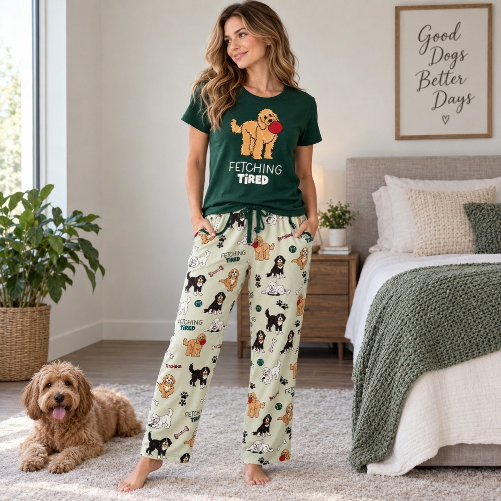 Lazy One Fetching Tired Women's Pajama Set Labradoodle Green Size S